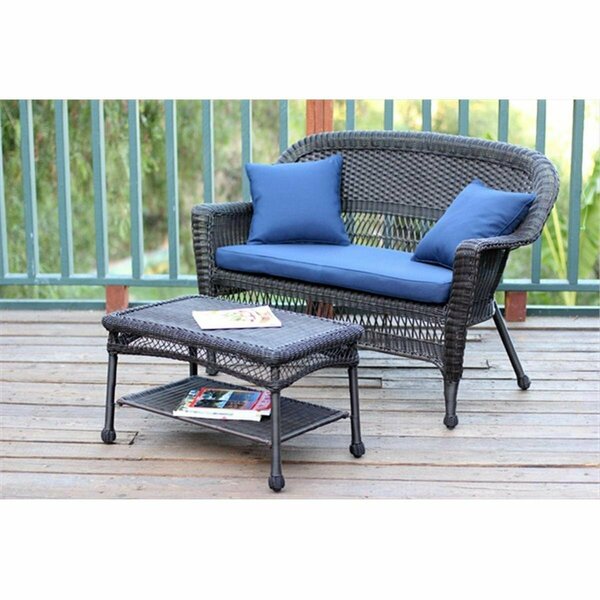 Jeco Espresso Wicker Patio Love Seat And Coffee Table Set With Blue Cushion W00201-LCS011